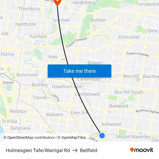 Holmesglen Tafe/Warrigal Rd to Bellfield map