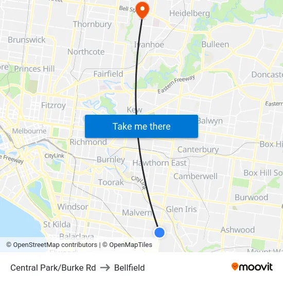 Central Park/Burke Rd to Bellfield map