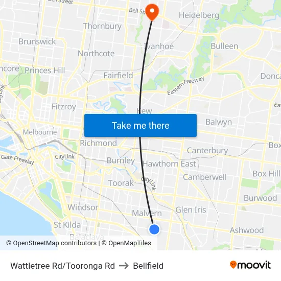 Wattletree Rd/Tooronga Rd to Bellfield map