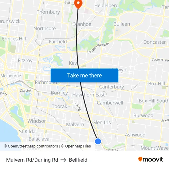 Malvern Rd/Darling Rd to Bellfield map