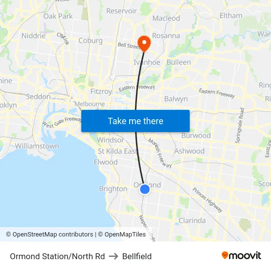 Ormond Station/North Rd to Bellfield map