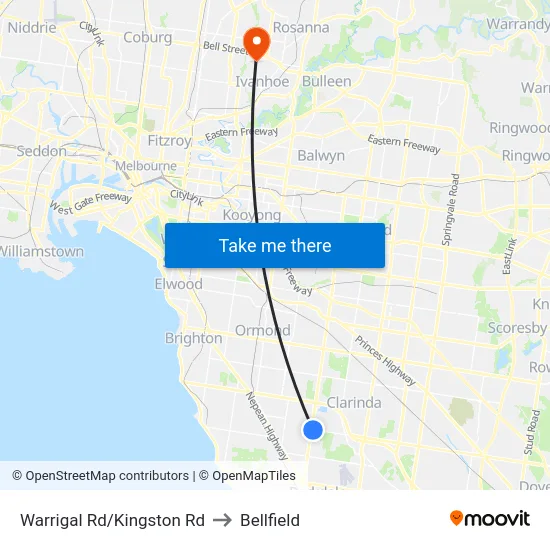 Warrigal Rd/Kingston Rd to Bellfield map