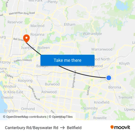 Canterbury Rd/Bayswater Rd to Bellfield map