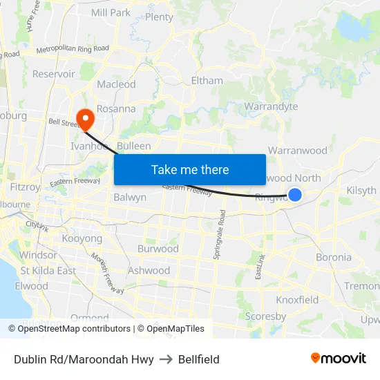 Dublin Rd/Maroondah Hwy to Bellfield map