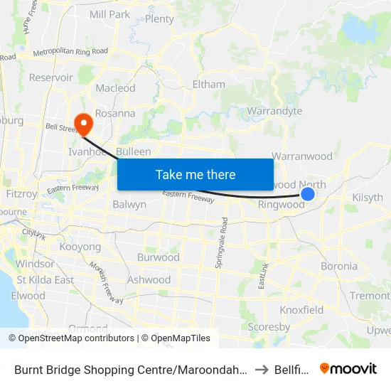 Burnt Bridge Shopping Centre/Maroondah Hwy to Bellfield map