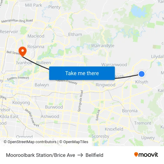 Mooroolbark Station/Brice Ave to Bellfield map