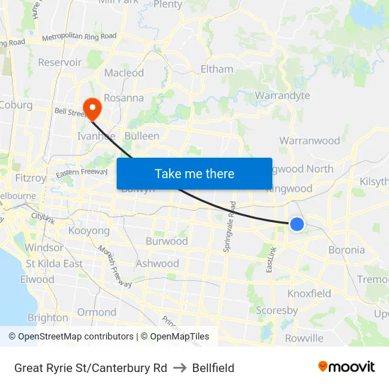 Great Ryrie St/Canterbury Rd to Bellfield map