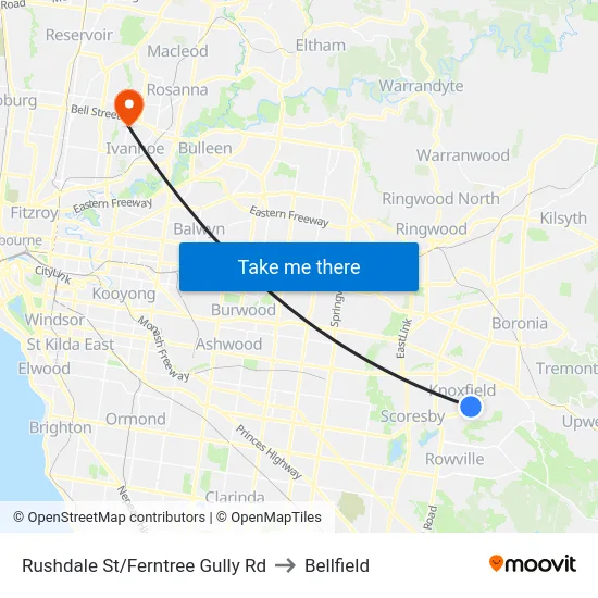 Rushdale St/Ferntree Gully Rd to Bellfield map