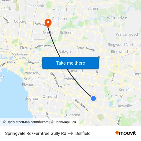 Springvale Rd/Ferntree Gully Rd to Bellfield map