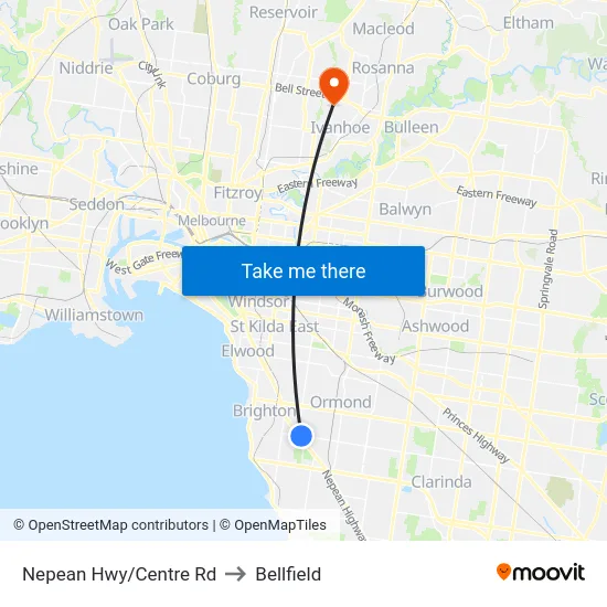 Nepean Hwy/Centre Rd to Bellfield map