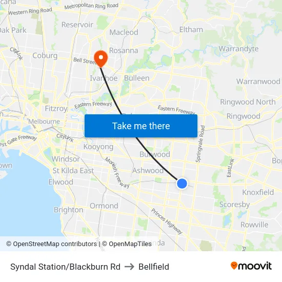 Syndal Station/Blackburn Rd to Bellfield map