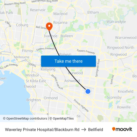 Waverley Private Hospital/Blackburn Rd to Bellfield map