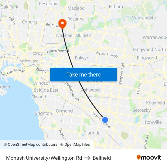 Monash University/Wellington Rd to Bellfield map
