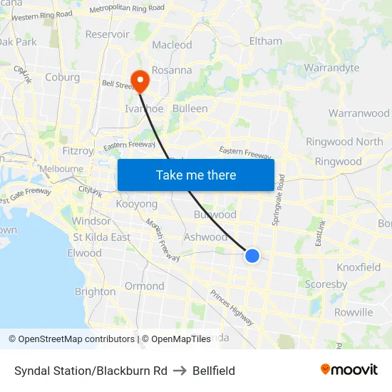 Syndal Station/Blackburn Rd to Bellfield map
