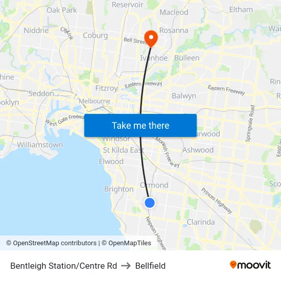 Bentleigh Station/Centre Rd to Bellfield map