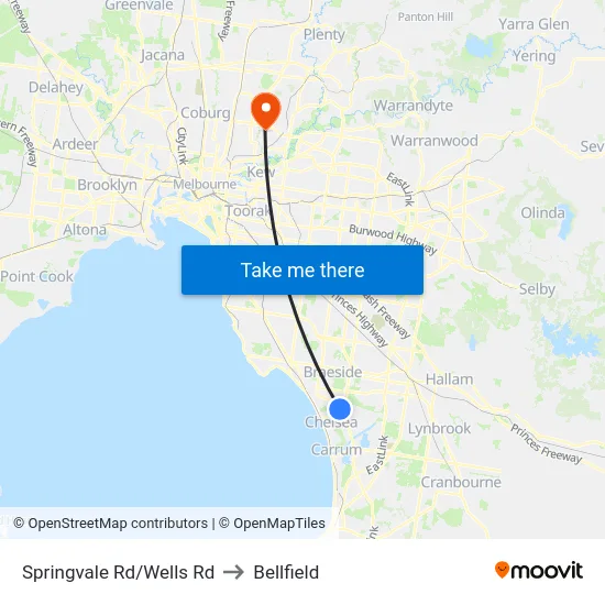 Springvale Rd/Wells Rd to Bellfield map