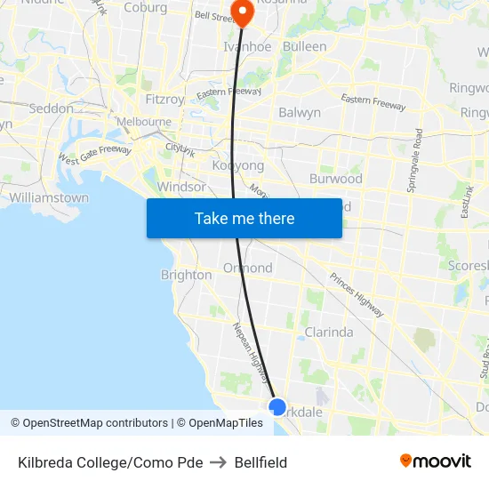 Kilbreda College/Como Pde to Bellfield map