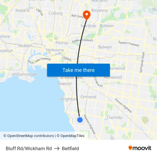Bluff Rd/Wickham Rd to Bellfield map