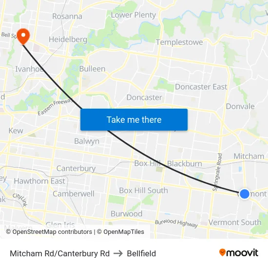 Mitcham Rd/Canterbury Rd to Bellfield map