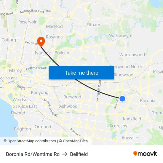 Boronia Rd/Wantirna Rd to Bellfield map