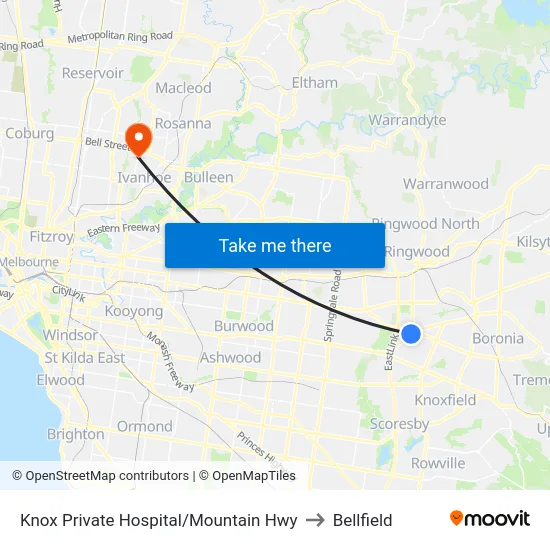 Knox Private Hospital/Mountain Hwy to Bellfield map