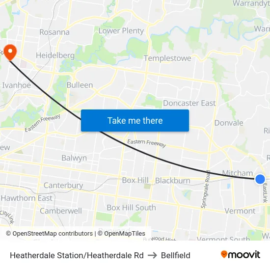 Heatherdale Station/Heatherdale Rd to Bellfield map