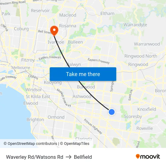 Waverley Rd/Watsons Rd to Bellfield map