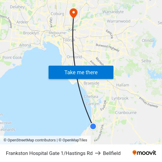 Frankston Hospital Gate 1/Hastings Rd to Bellfield map