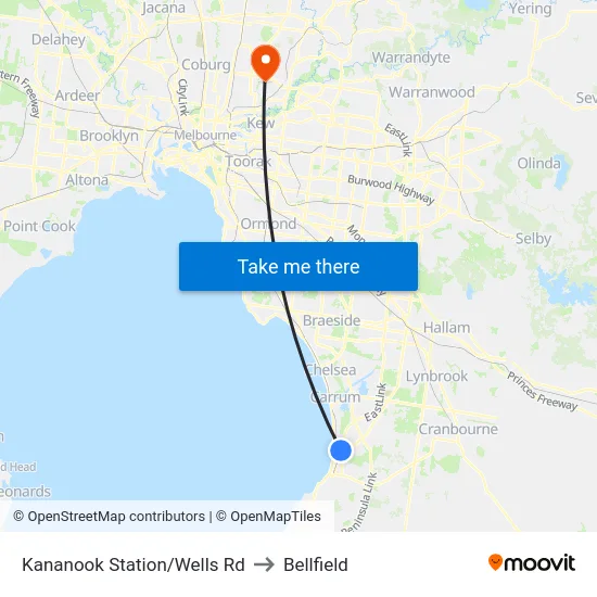 Kananook Station/Wells Rd to Bellfield map
