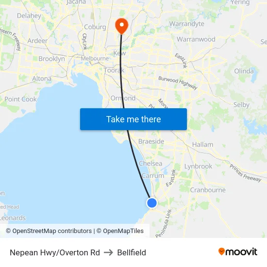 Nepean Hwy/Overton Rd to Bellfield map