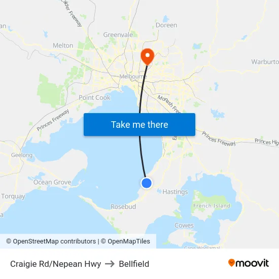 Craigie Rd/Nepean Hwy to Bellfield map