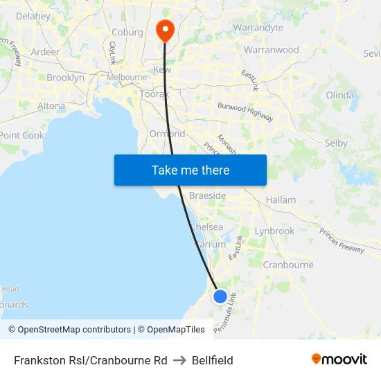 Frankston Rsl/Cranbourne Rd to Bellfield map