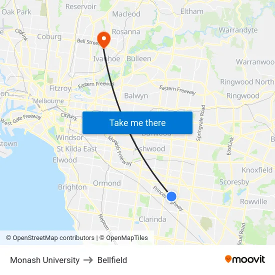 Monash University to Bellfield map