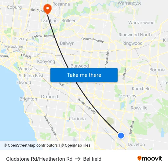 Gladstone Rd/Heatherton Rd to Bellfield map