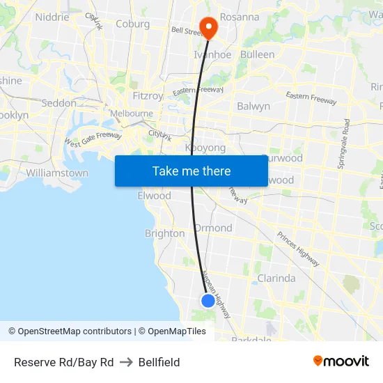 Reserve Rd/Bay Rd to Bellfield map