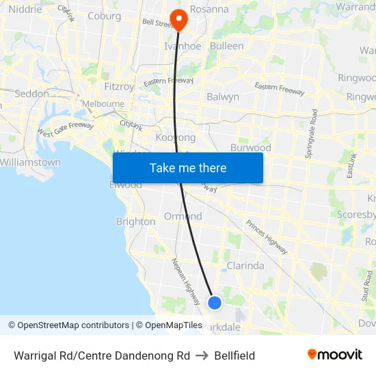 Warrigal Rd/Centre Dandenong Rd to Bellfield map