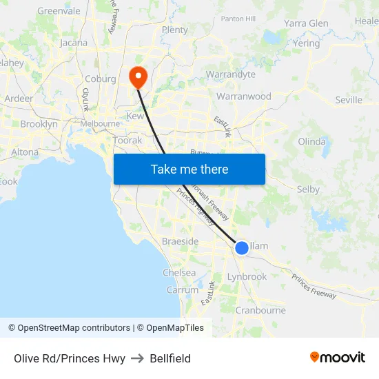 Olive Rd/Princes Hwy to Bellfield map