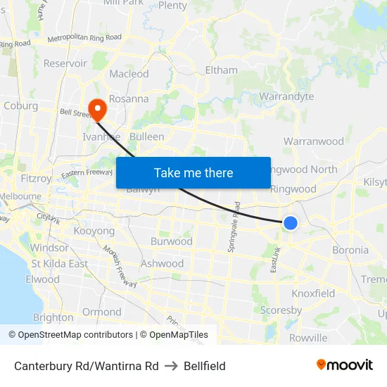 Canterbury Rd/Wantirna Rd to Bellfield map