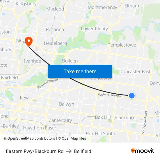 Eastern Fwy/Blackburn Rd to Bellfield map