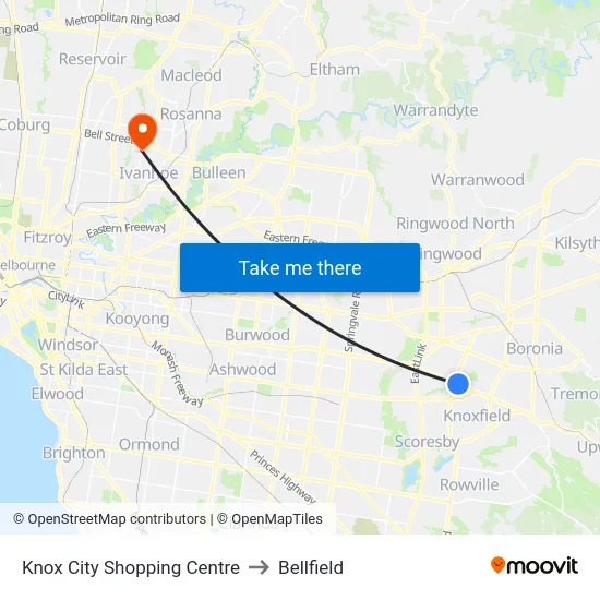 Knox City Shopping Centre to Bellfield map