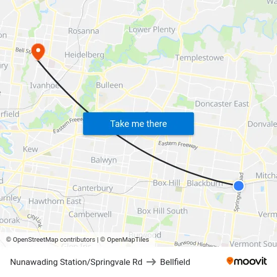 Nunawading Station/Springvale Rd to Bellfield map