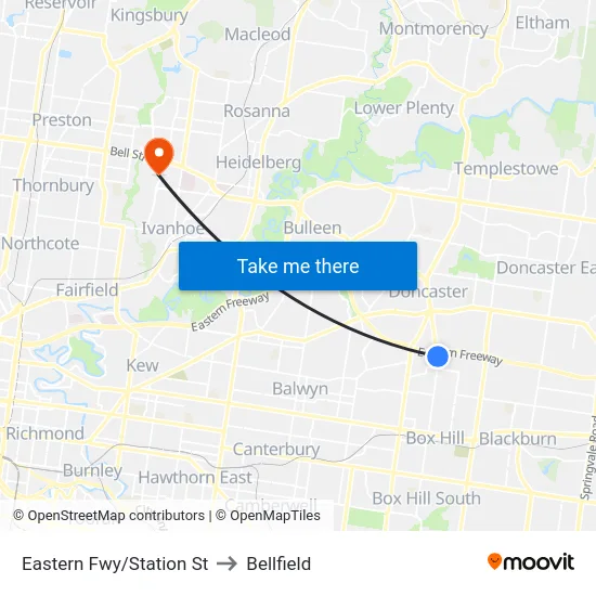 Eastern Fwy/Station St to Bellfield map