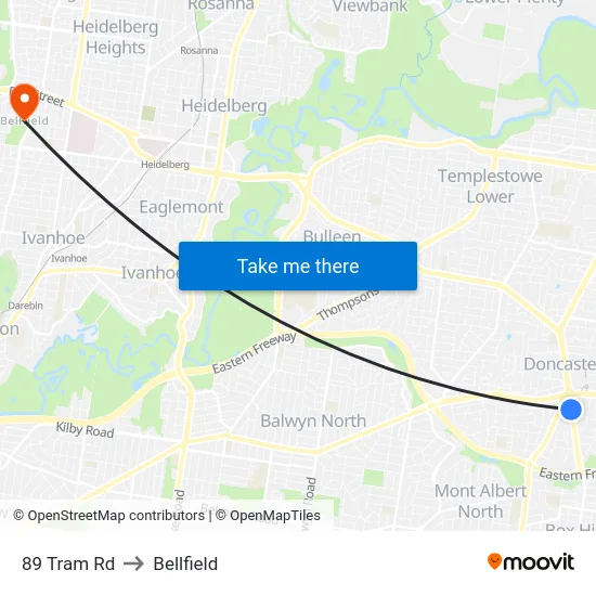 89 Tram Rd to Bellfield map
