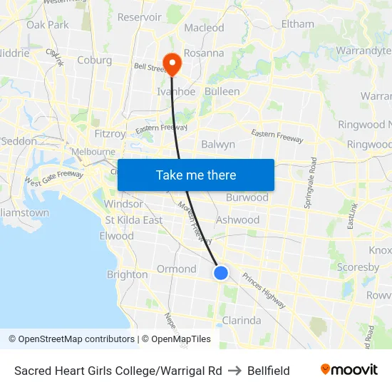 Sacred Heart Girls College/Warrigal Rd to Bellfield map