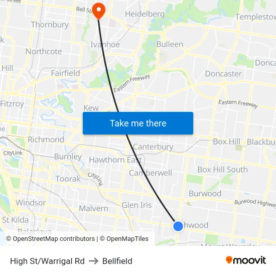 High St/Warrigal Rd to Bellfield map