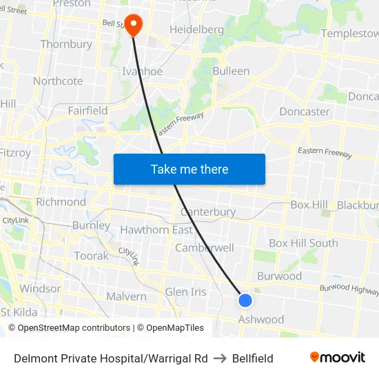 Delmont Private Hospital/Warrigal Rd to Bellfield map