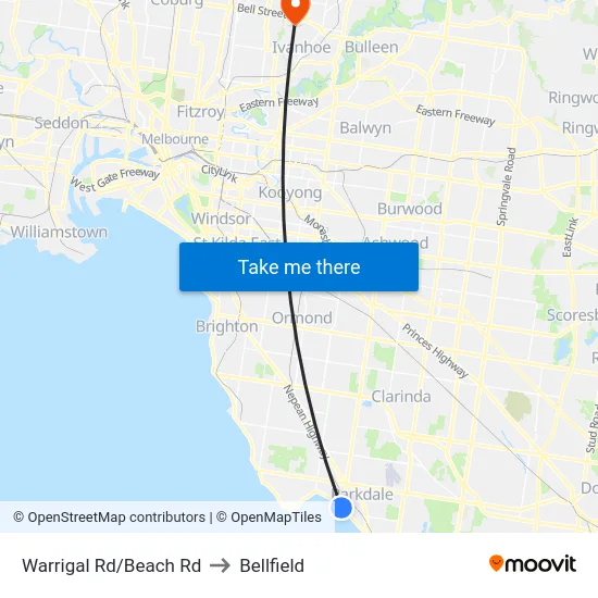 Warrigal Rd/Beach Rd to Bellfield map