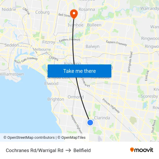 Cochranes Rd/Warrigal Rd to Bellfield map