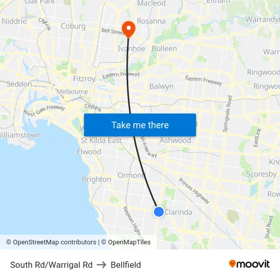 South Rd/Warrigal Rd to Bellfield map