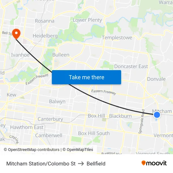 Mitcham Station/Colombo St to Bellfield map